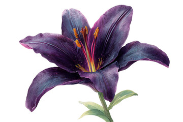 Dramatic Close Up of a Dark Purple Lily Blossom with Vibrant Yellow Stamens Isolated on Transparent Background, PNG