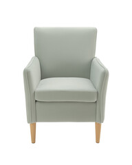 Fototapeta premium Modern minimalist armchair with light pastel green upholstery and light wood legs on transparent background