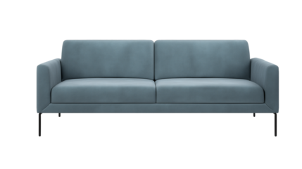 Modern minimalist two-seater sofa with light blue upholstery and black metal legs on transparent background