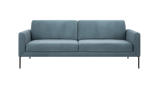 Modern minimalist two-seater sofa with light blue upholstery and black metal legs on transparent background - Powered by Adobe