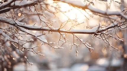 Obraz premium Sunlit Winter Branches Covered in Snow and Ice.