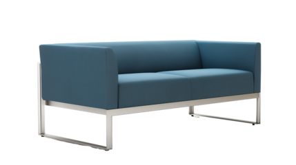 Modern minimalist two-seater sofa with light blue upholstery and stainless steel frame on transparent background