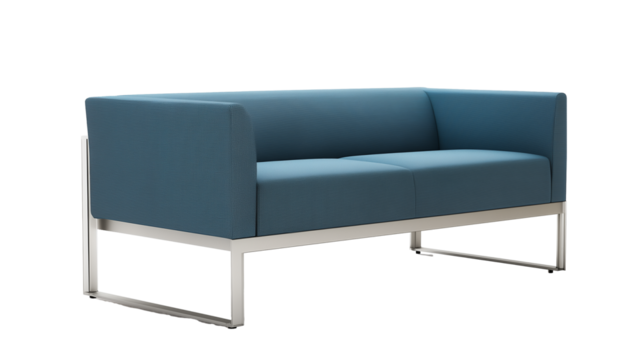Modern minimalist two-seater sofa with light blue upholstery and stainless steel frame on transparent background