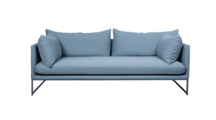Modern sofa with sleek minimalist design, metal frame, light blue upholstery, and throw pillows on transparent background