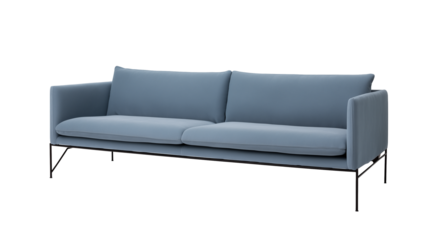Modern minimalist sofa with light blue upholstery and metal base on transparent background