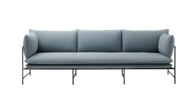 Modern minimalist sofa with light blue upholstery and black metal legs on transparent background - Powered by Adobe