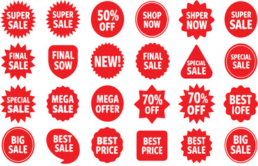 Big Red Sale and Discount Tags Collection - Vector Marketing Stickers Set with Super Sale, 50% Off, Best Price, and New Labels