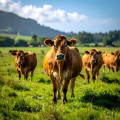 Cows grazing in a lush green field with mountains in background.