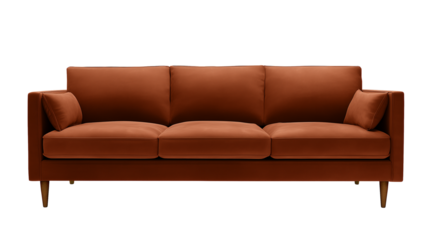 Mid-century modern three-seater sofa with brown leather upholstery and wooden legs on transparent background