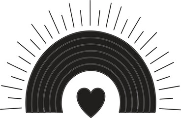 Black and White Rainbow Arch with Sunburst Rays and Heart Icon - Vector Simple Minimalist Design, Love, Hope, LGBTQ Symbol, Graphic Element