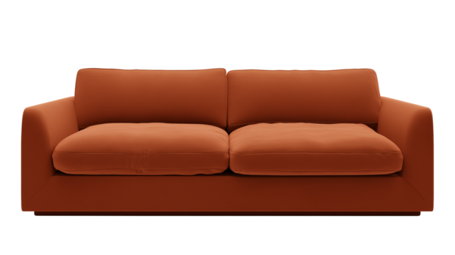 Modern two-seater sofa with burnt orange upholstery on transparent background