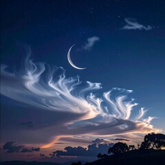 Crescent Moon and Dramatic Clouds at Dusk - A Celestial Spectacle.