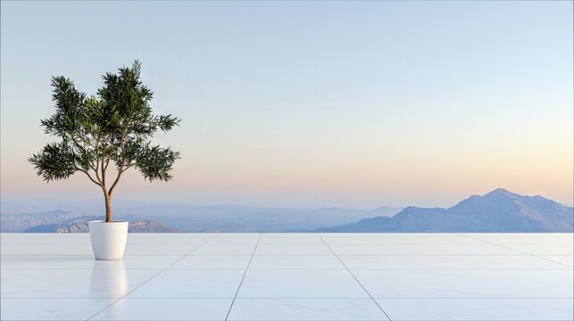 A single potted tree stands on a clean white tiled terrace, overlooking a vast mountain range at dusk, with a soft pastel sky. - Powered by Adobe
