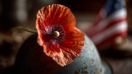 Close-up of red remembrance poppy on vintage military helmet with American flag in background, honoring fallen soldiers