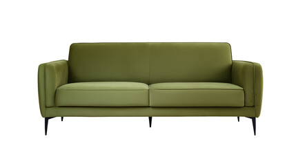 Contemporary green sofa with dark tapered legs on transparent background