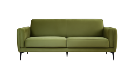 Contemporary green sofa with dark tapered legs on transparent background