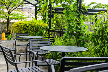 Empty tables and chairs set in restaurant, cafe or coffee shop. Plants, green leaves, nature, tree, wall. outdoor. grey, gray, black. eco, decorative, style. background. aesthetic, botany, environment