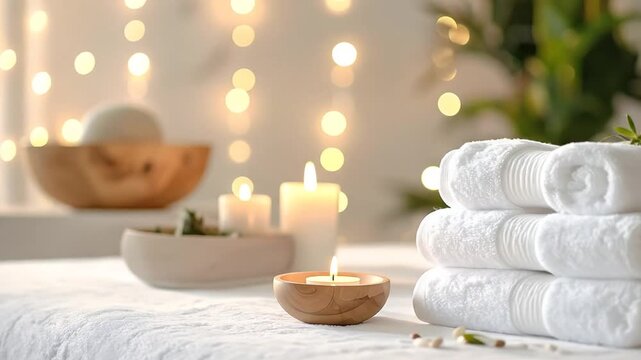 Serene spa scene featuring stacked towels, candles, and soft lighting for relaxation