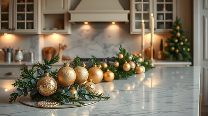 Festive kitchen island adorned with golden ornaments and evergreen garland