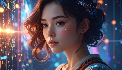 Cyberpunk Portrait of a Woman with Glowing Cityscape Background.