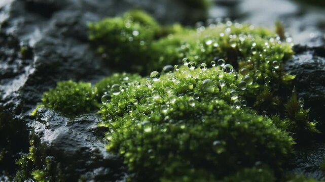 Close up of green moss with water droplets on rock surface