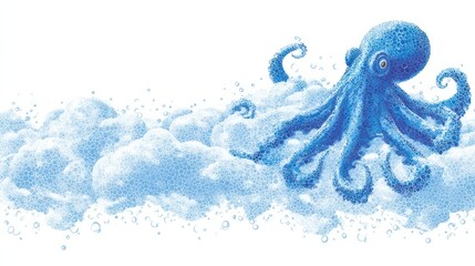 Sea Foam Curls Around the Silhouette of an Octopus Beneath a Soft, Blank Sky at the Coast