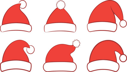 Set of Six Red Santa Claus Hats - Vector Christmas Headwear Icons, Festive Costume Accessory, Holiday Celebration Design