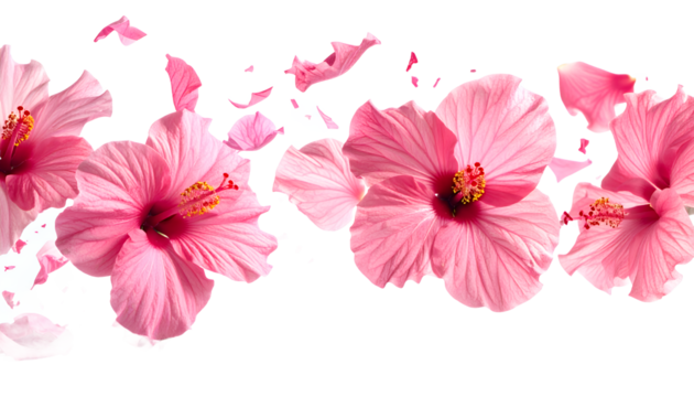 A border of delicate pink hibiscus flowers with petals gently floating in the air against a clean white background