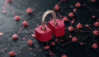 A red padlock secured on a dark circuit board with interconnected red nodes, symbolizing digital security and network protection.
