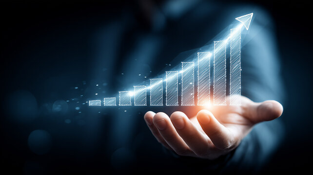 A forward business growth concept represented through a rising bar chart supported on a hand to symbolize progress and strategic development.
