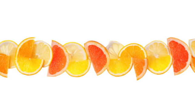 Assorted citrus fruit slices arranged in a horizontal line on transparent background