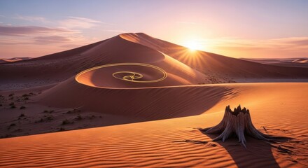 Golden spiral amidst undulating sand dunes under a vibrant sunset in a desert landscape