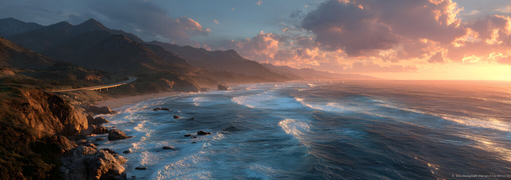 This is Route 1also known as the Pacific Coast Highway. The road is situated next to the ocean with the mountains in the distance. The road goes off into infinity into the sunset.