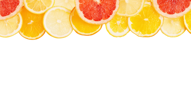 Vibrant citrus fruit slices arrangement with lemons, oranges, and grapefruits on transparent background