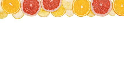 Vibrant citrus fruit slices arranged in a rhythmic pattern on transparent background