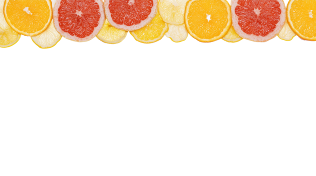 Vibrant citrus fruit slices arranged in a rhythmic pattern on transparent background
