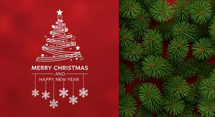Elegant Christmas tree outline and snowflake design on vibrant red background with lush green pine boughs for a festive holiday greeting and stylish winter celebration.