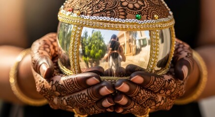 Elaborate henna adorned hands delicately holding a reflective decorated artifact exhibiting