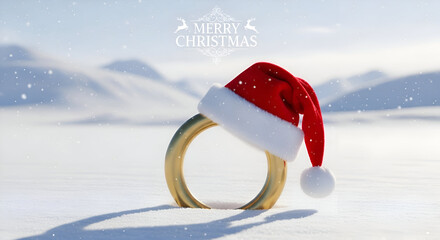 Magical Christmas proposal idea with a golden ring and Santa hat in snowy mountains, celebrate the holidays with love and unforgettable moments, winter wonderland.