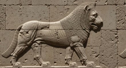 Fototapeta premium Ancient Mesopotamian winged lion bas-relief from stone wall with archaic details