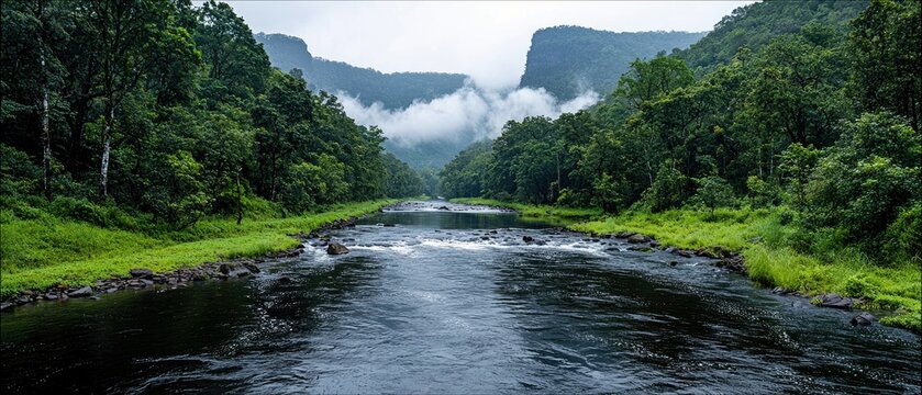 A wide, dark river flows through a valley surrounded by dense, green forest. Misty clouds cling to the distant, rugged mountains, creating a serene and atmosphe