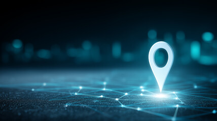 A standing navigation marker illuminated on a connected digital grid representing location precision and modern spatial orientation technology.
