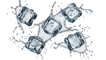 Four Clear Ice Cubes Floating in a Cascade with Water Droplets, Isolated Against a Transparent Background