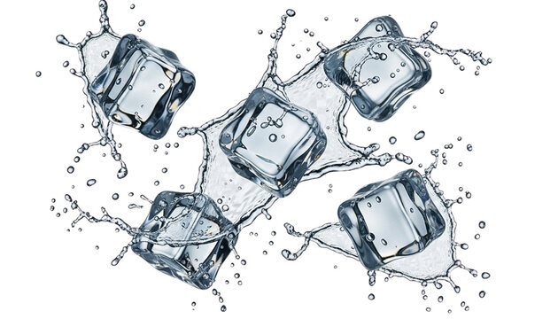 Four Clear Ice Cubes Floating in a Cascade with Water Droplets, Isolated Against a Transparent Background