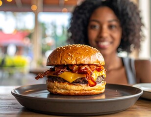 Delicious Burger with Bacon and Cheese Served to Woman.
