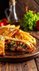 Delicious Calzone with French Fries on Wooden Board.