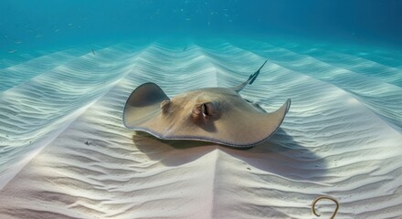 Underwater panorama of a stingray resting gracefully on the rippled seabed floor