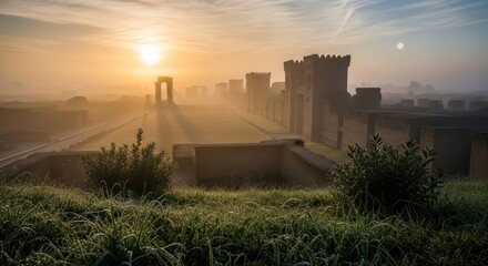 Ethereal sunrise over ancient archaeological site shrouded in morning mist landscape