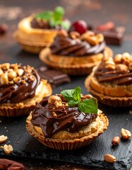 Delicious Chocolate Hazelnut Tarts with Mint Garnish.