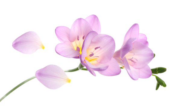 A beautiful branch of blooming purple freesia flowers with delicate detached petals, isolated on a pure white background for a clean floral concept